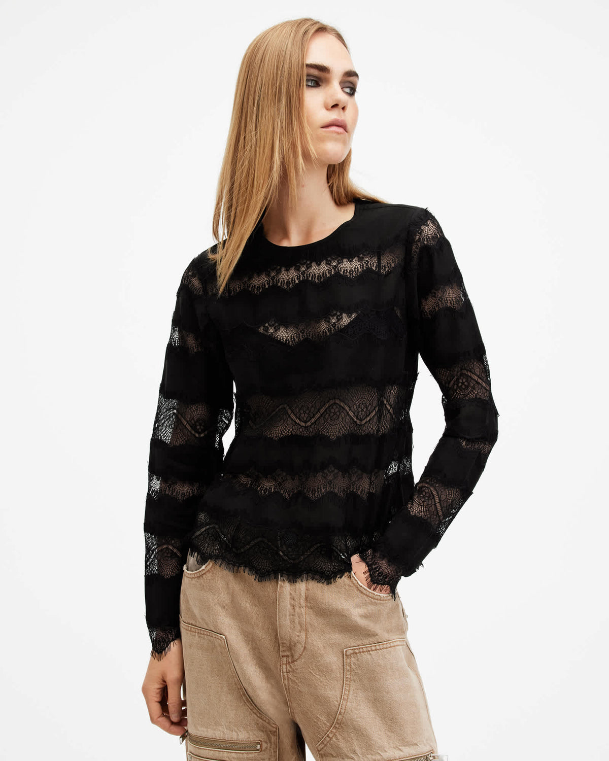 Tiff Lace Panelled Sheer Top Black