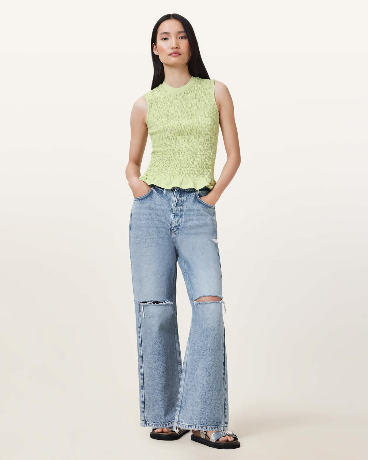 Ode Smocked Sleeveless Tank Top JADE GREEN