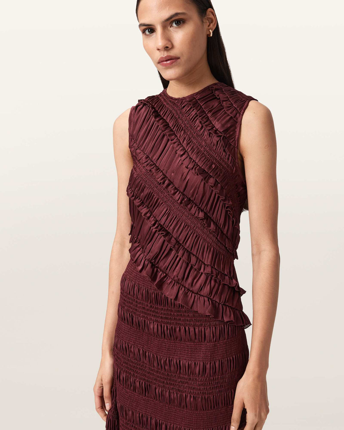 Nyla Ruffled Midi Dress TAWNY PORT RED