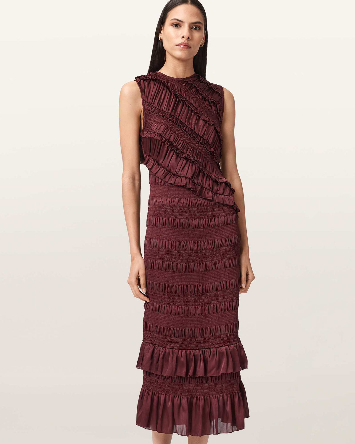 Nyla Ruffled Midi Dress TAWNY PORT RED