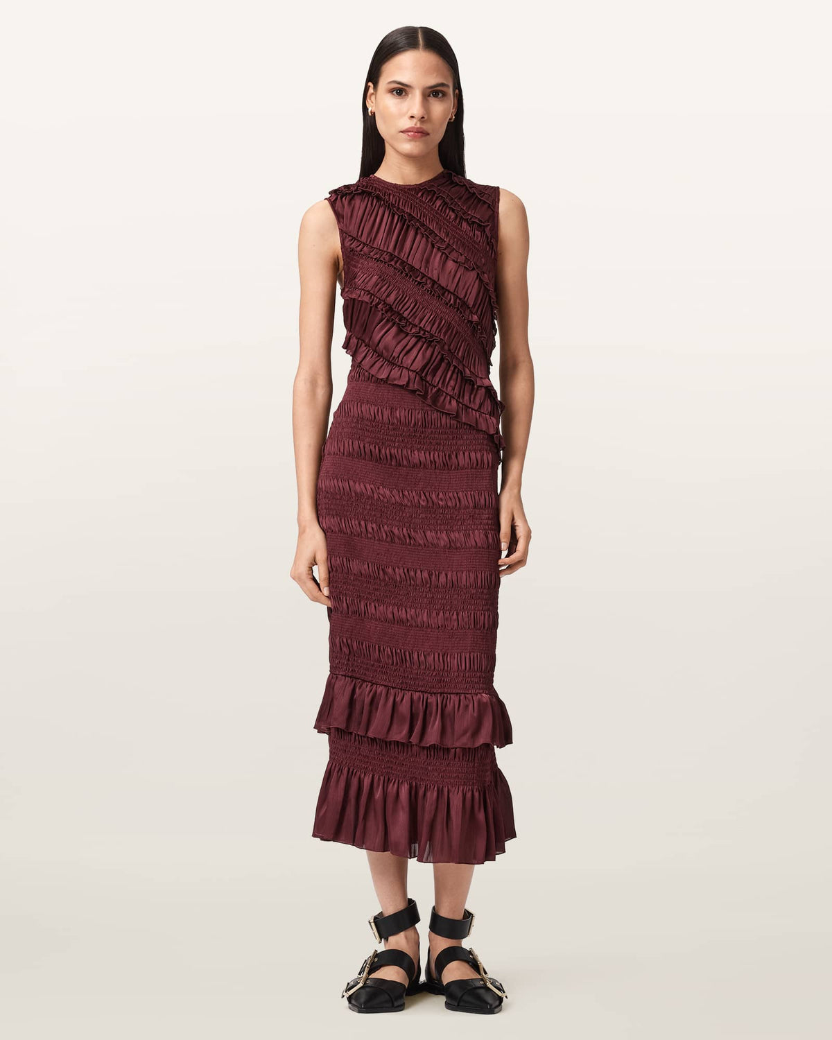 Nyla Ruffled Midi Dress TAWNY PORT RED