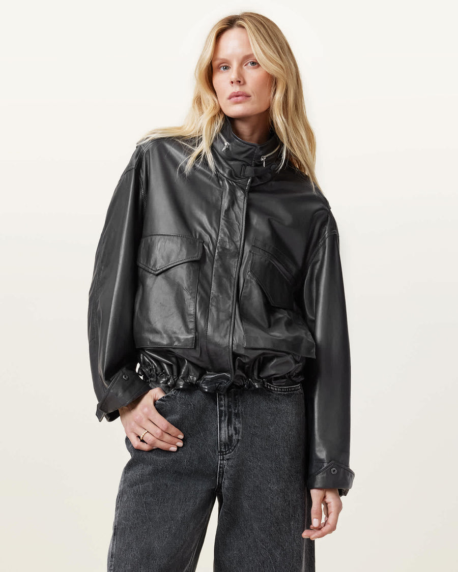 Clay Funnel Neck Cropped Leather Jacket Black