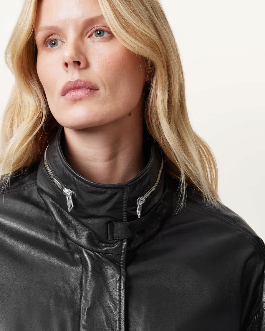 Clay Funnel Neck Cropped Leather Jacket Black