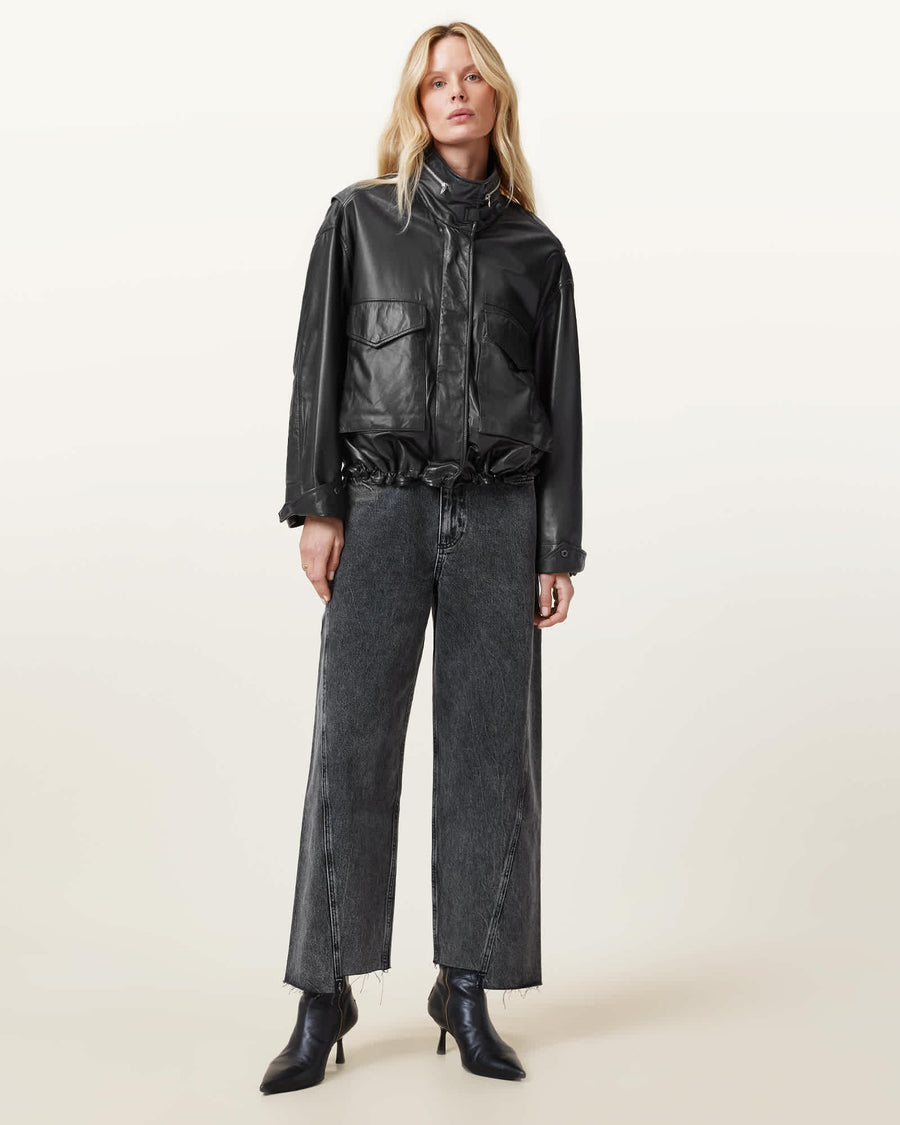 Clay Funnel Neck Cropped Leather Jacket Black