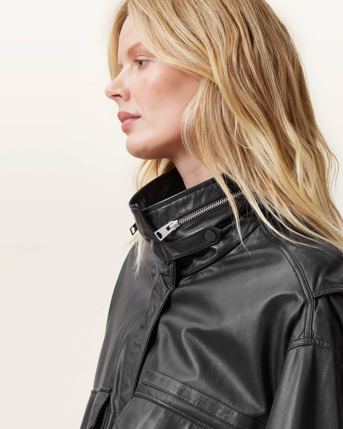 Clay Funnel Neck Cropped Leather Jacket Black