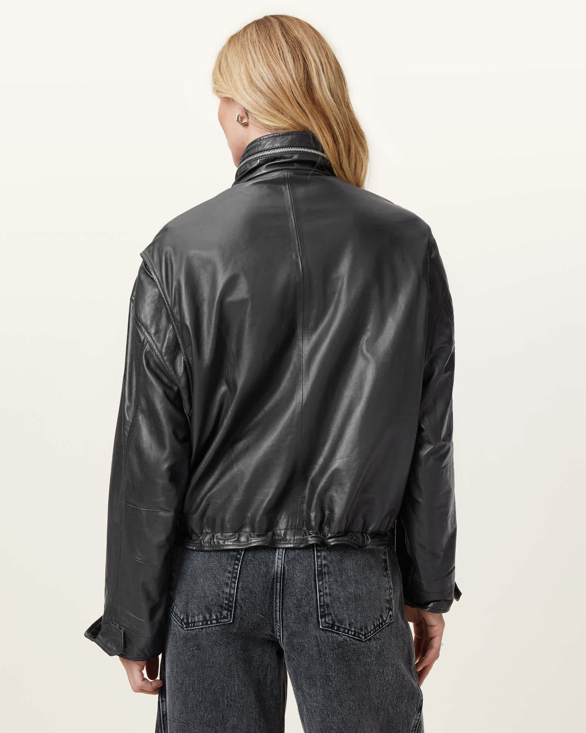 Clay Funnel Neck Cropped Leather Jacket Black