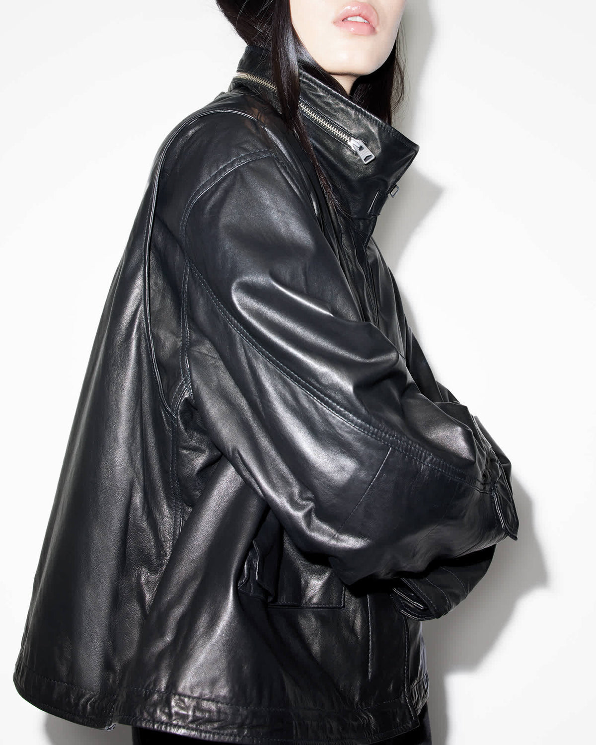 Clay Funnel Neck Cropped Leather Jacket Black