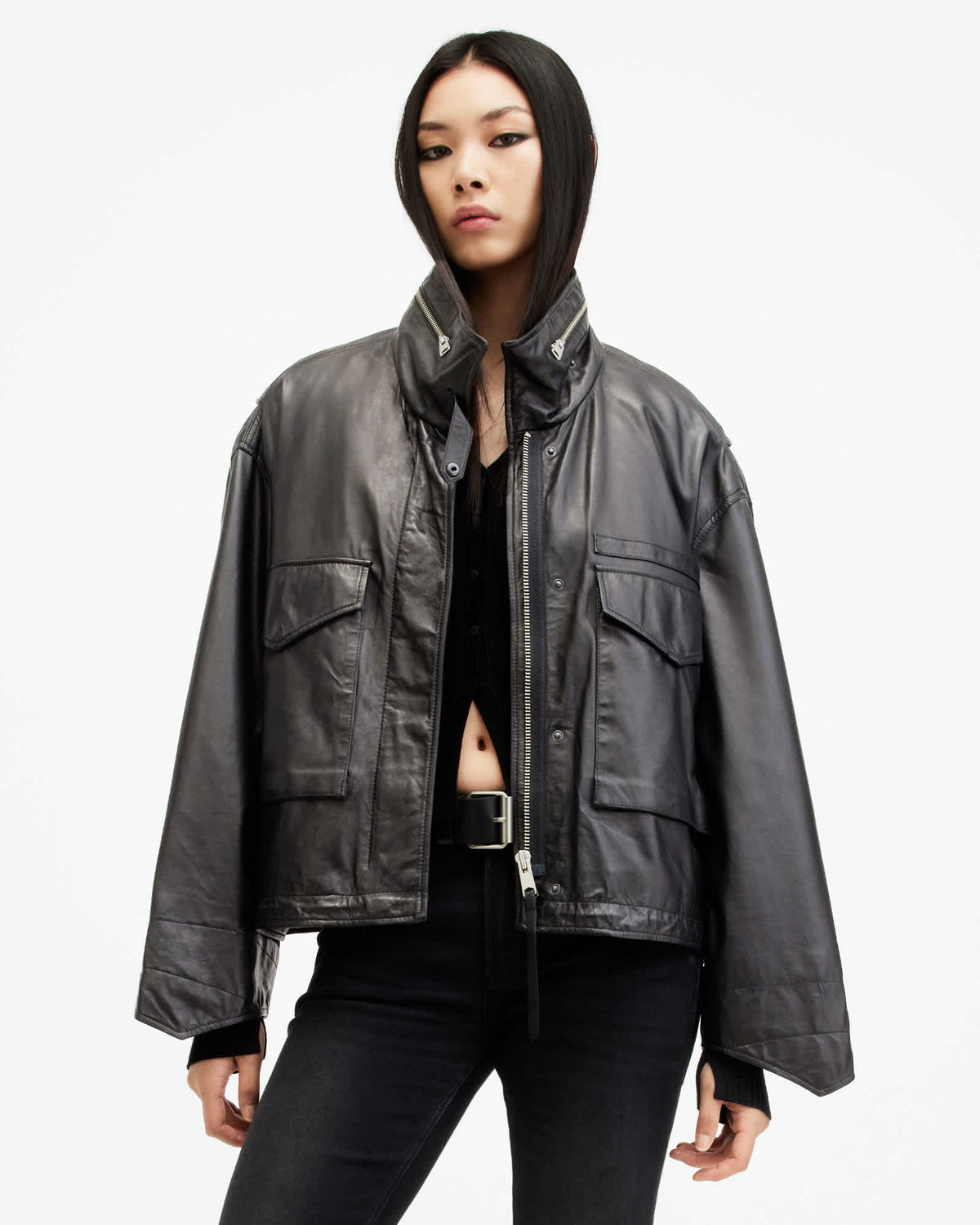 Clay Funnel Neck Cropped Leather Jacket Black