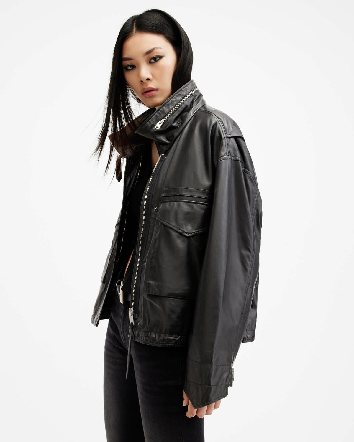 Clay Funnel Neck Cropped Leather Jacket Black