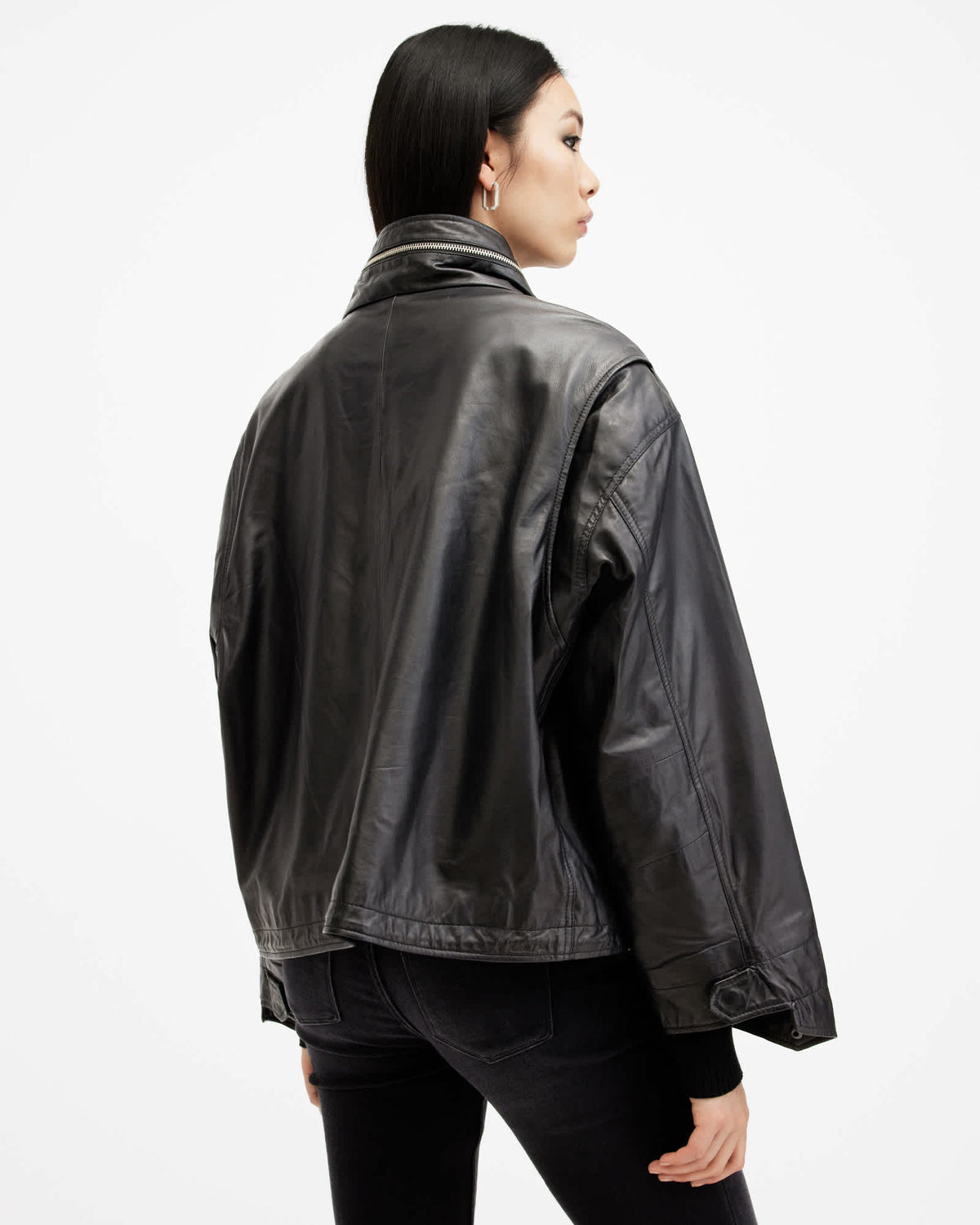 Clay Funnel Neck Cropped Leather Jacket Black