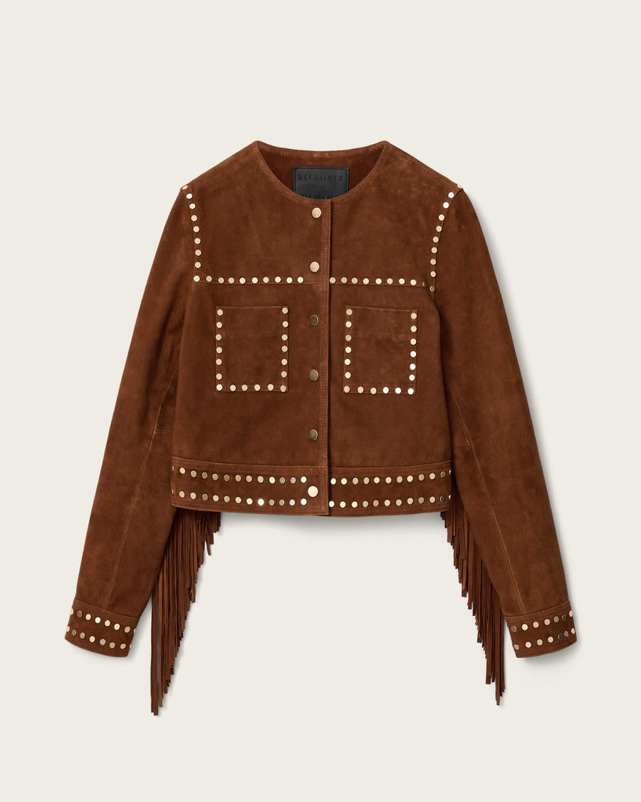Alice Suede Studded Cropped Trucker Jacket COGNAC BROWN