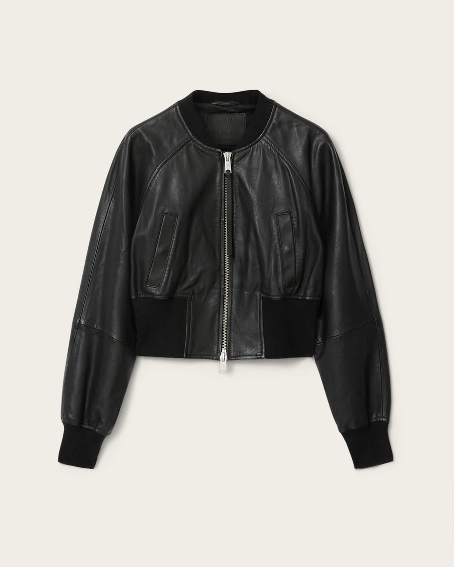 Suri Cropped Leather Bomber Jacket Black