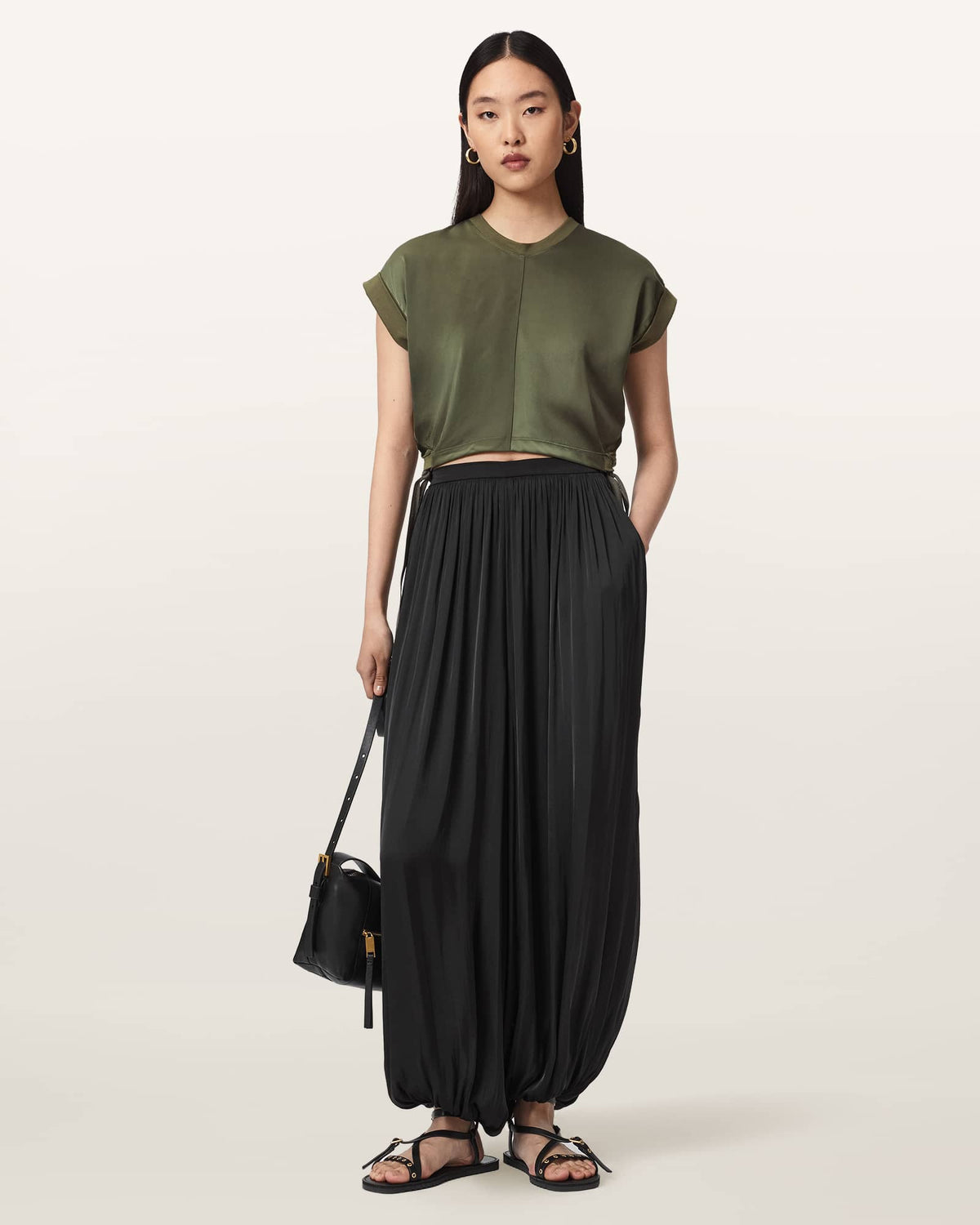 Mira Cropped Satin Drawcord T-Shirt WILD GREEN