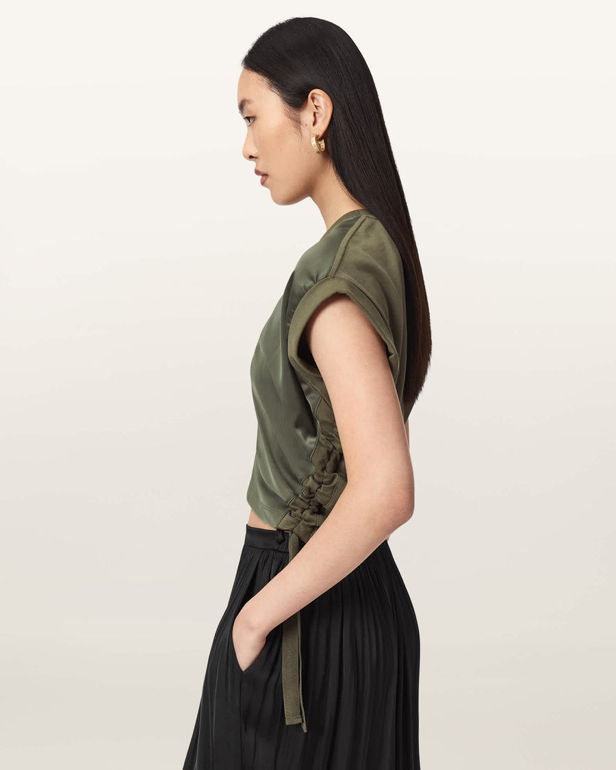 Mira Cropped Satin Drawcord T-Shirt WILD GREEN