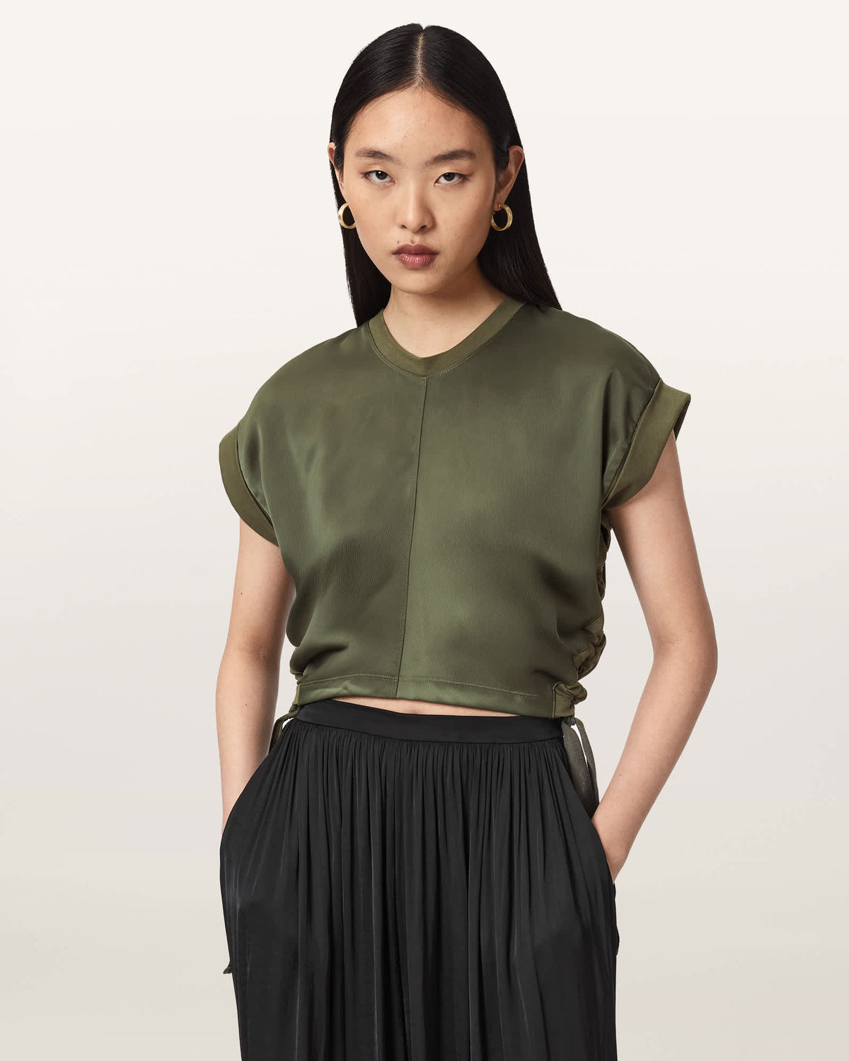 Mira Cropped Satin Drawcord T-Shirt WILD GREEN