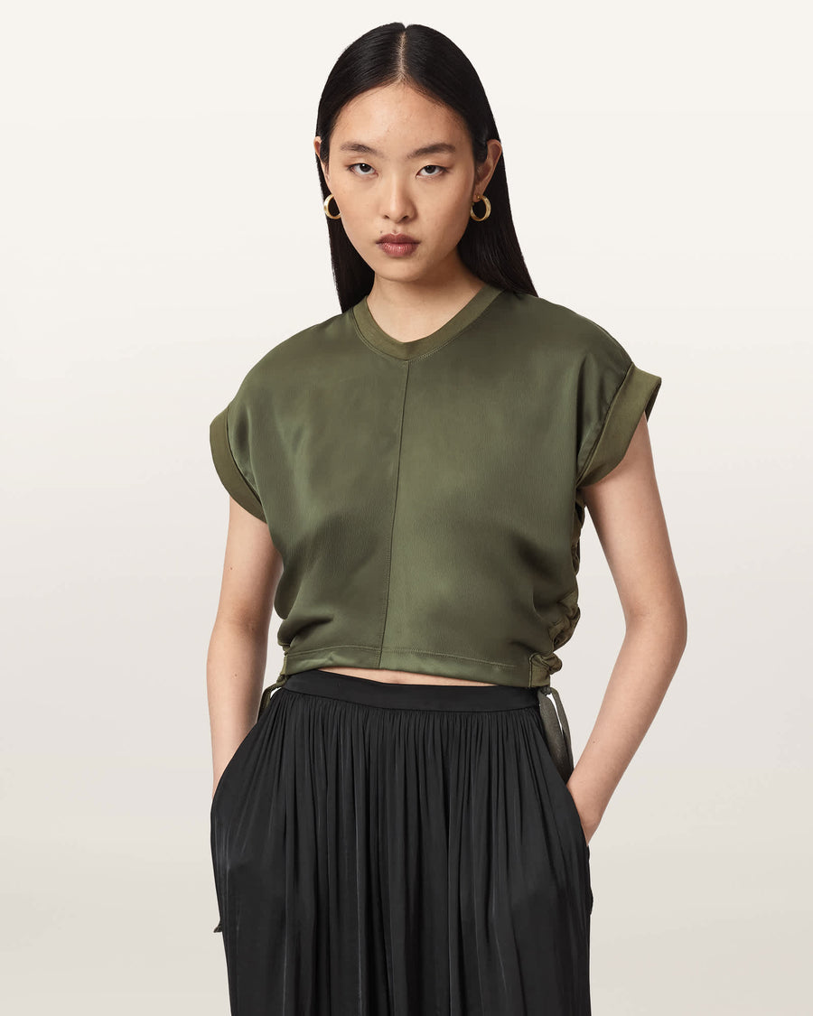 Mira Cropped Satin Drawcord T-Shirt WILD GREEN