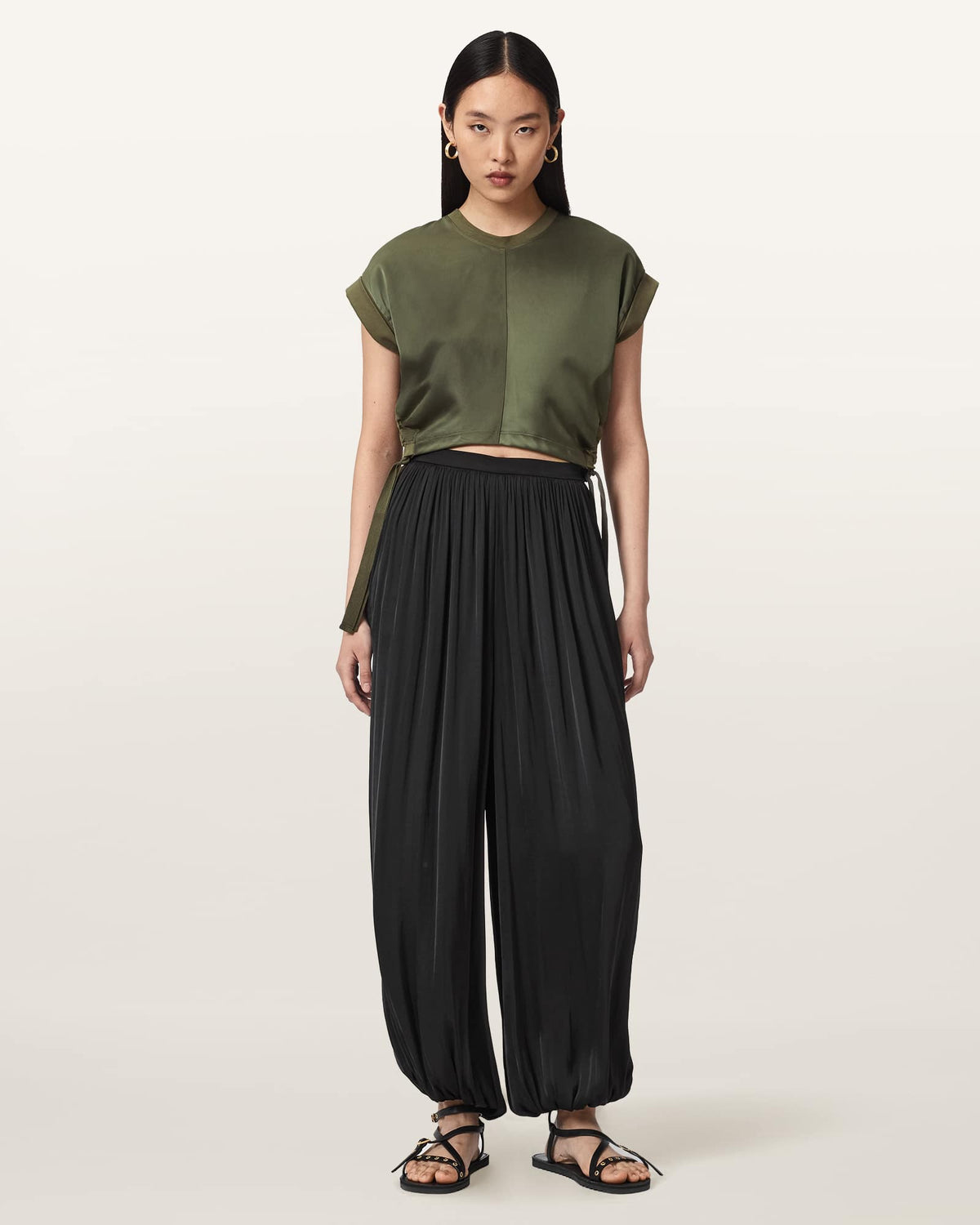 Mira Cropped Satin Drawcord T-Shirt WILD GREEN