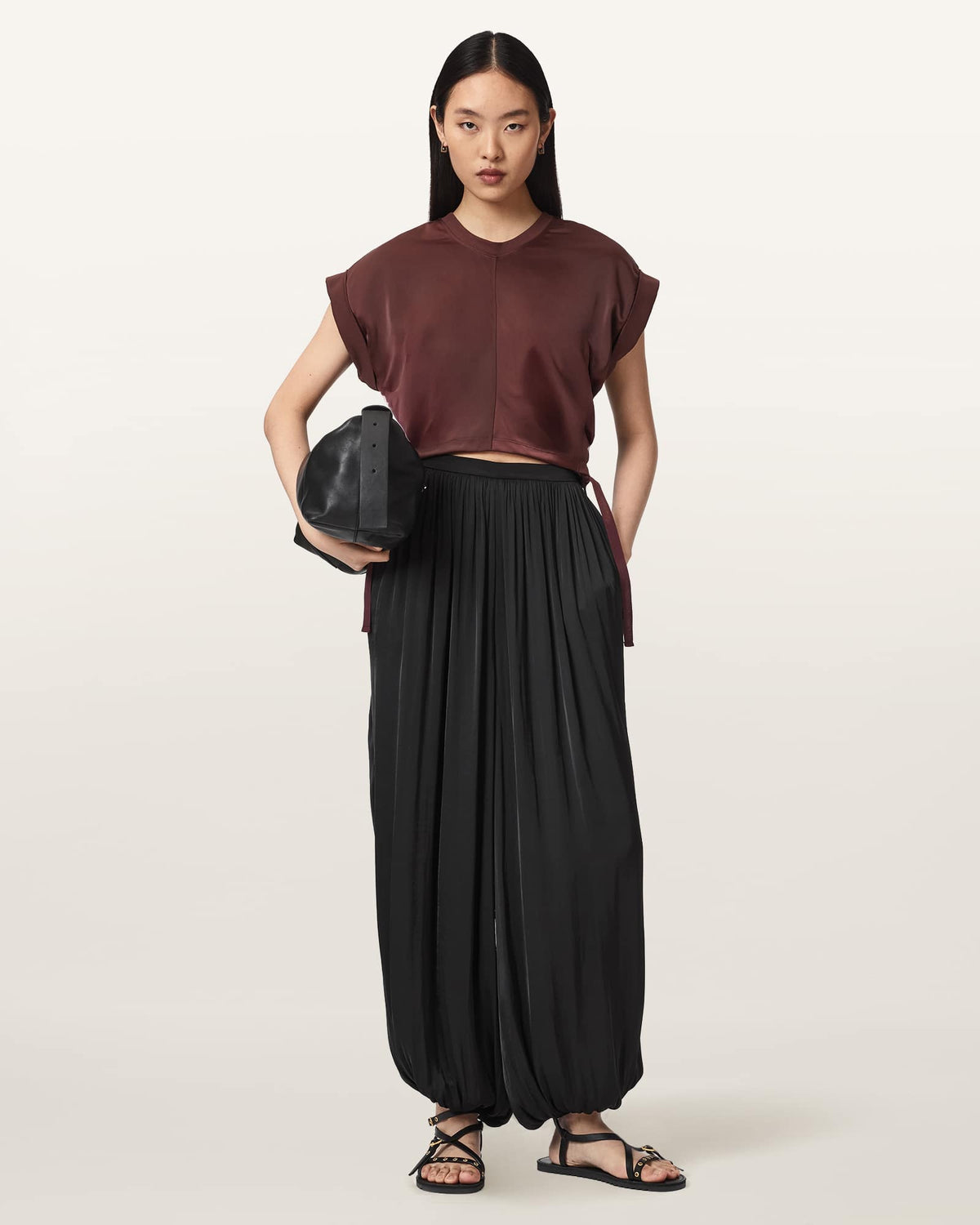 Mira Cropped Satin Drawcord T-Shirt BURNT RED