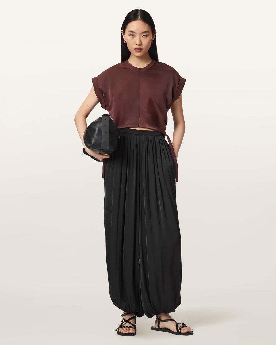 Mira Cropped Satin Drawcord T-Shirt BURNT RED