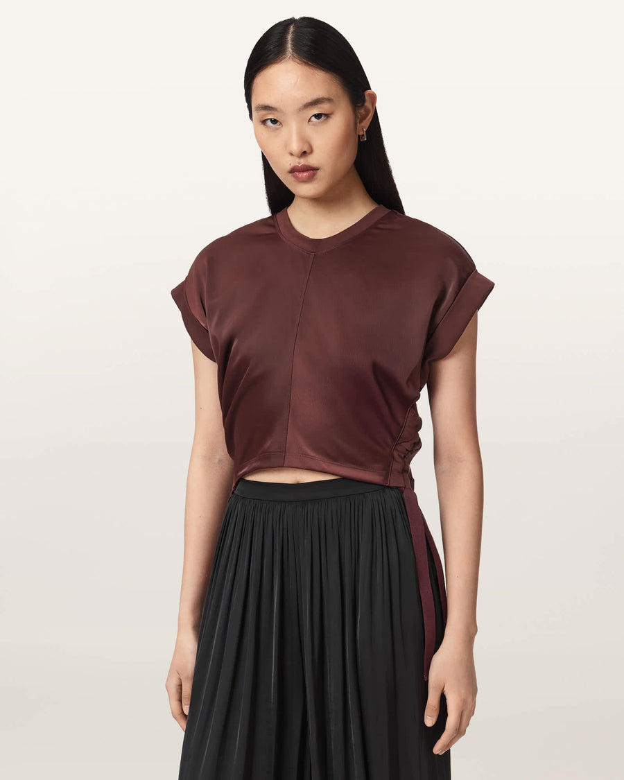 Mira Cropped Satin Drawcord T-Shirt BURNT RED