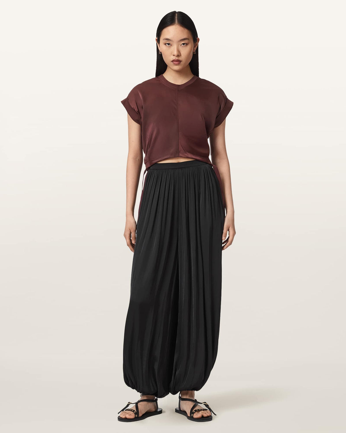 Mira Cropped Satin Drawcord T-Shirt BURNT RED