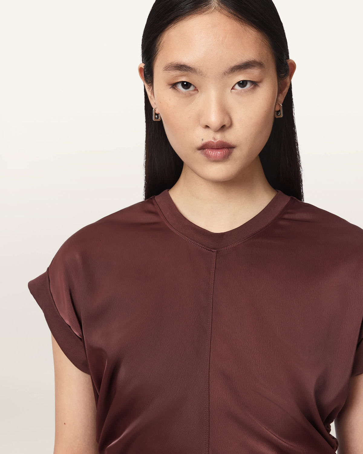 Mira Cropped Satin Drawcord T-Shirt BURNT RED