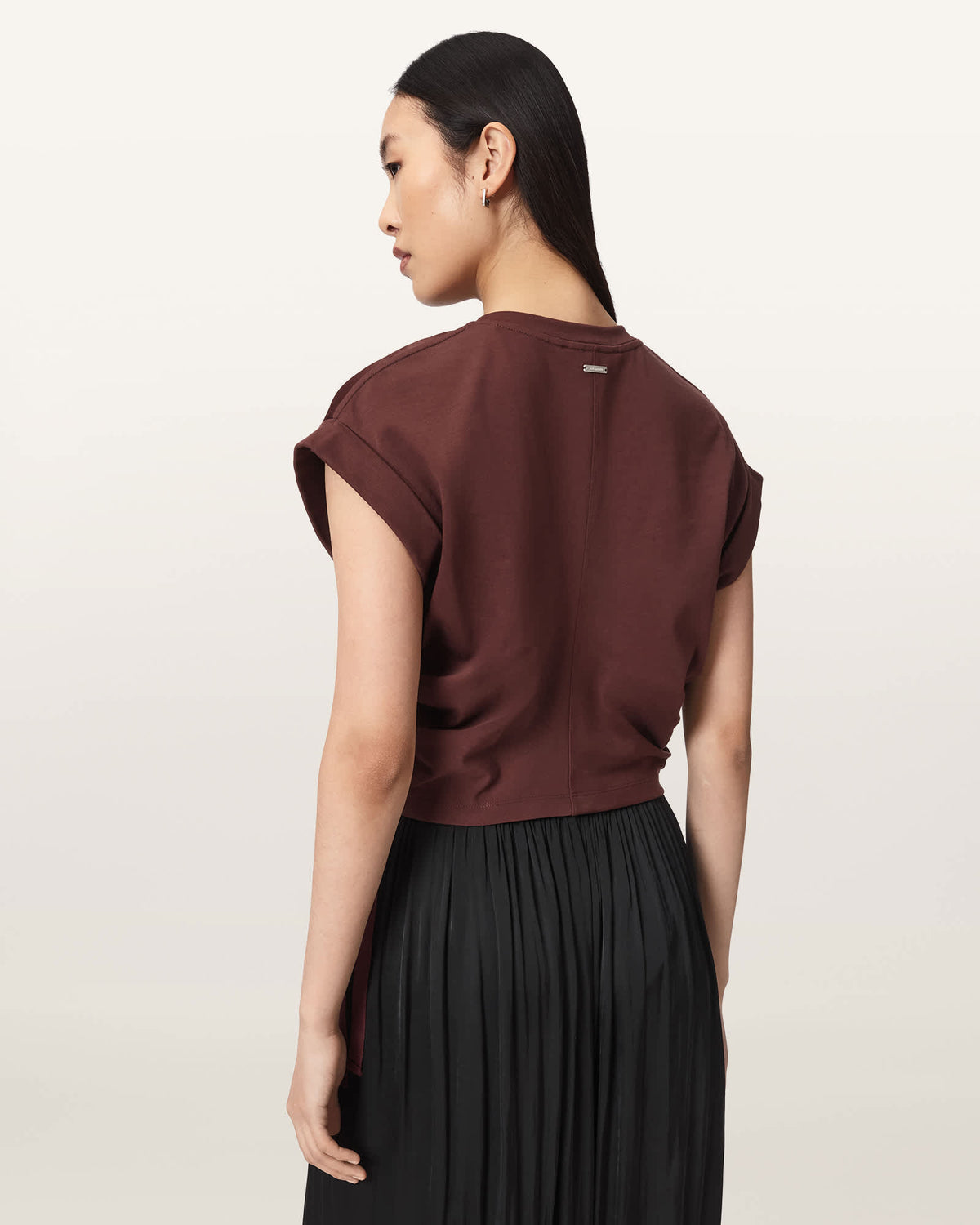 Mira Cropped Satin Drawcord T-Shirt BURNT RED