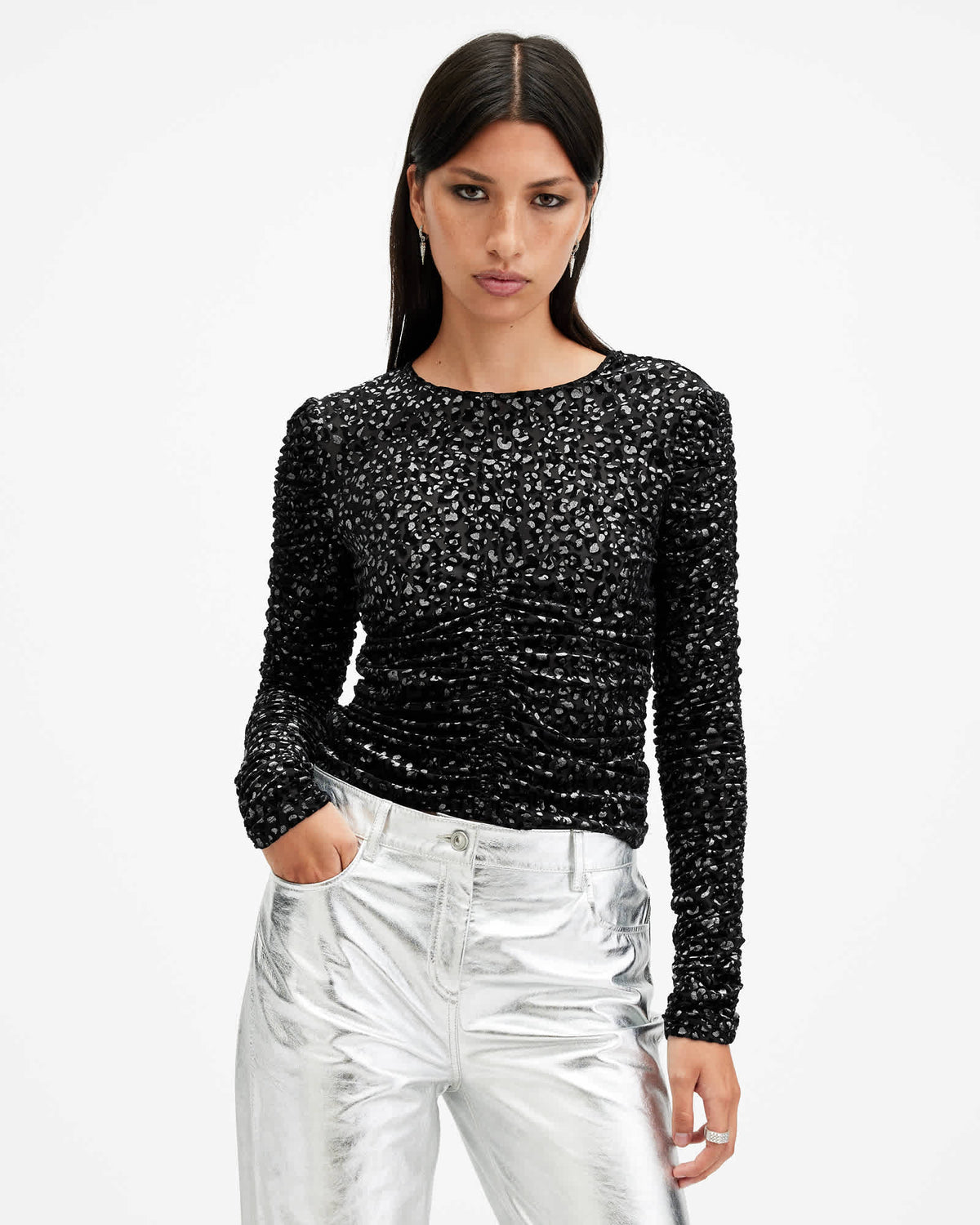 Eris Metallic Leopard Print Top Black