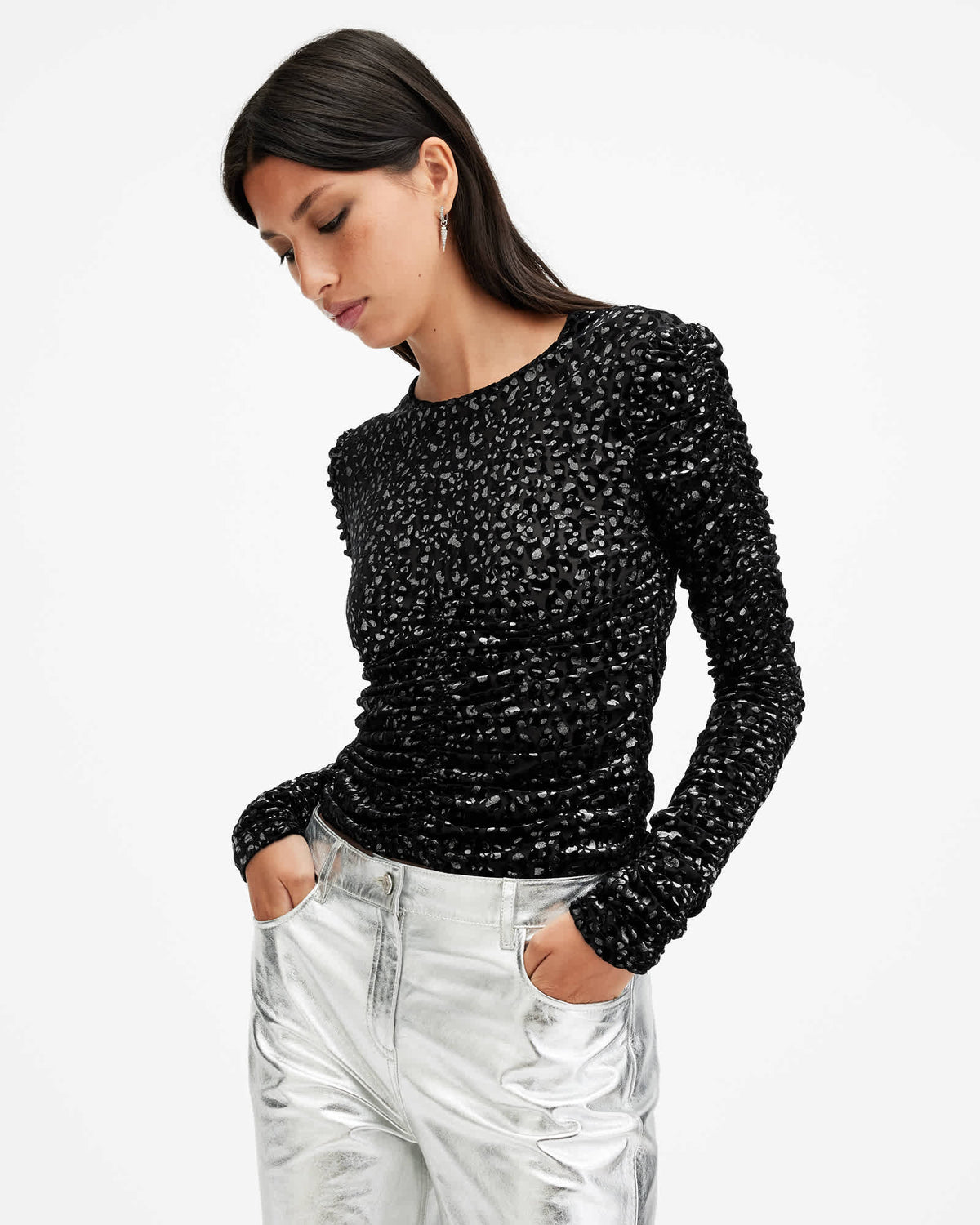Eris Metallic Leopard Print Top Black