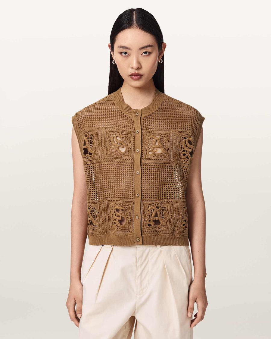 Kyra Open Knit Crochet Cotton Waistcoat PINTO BROWN