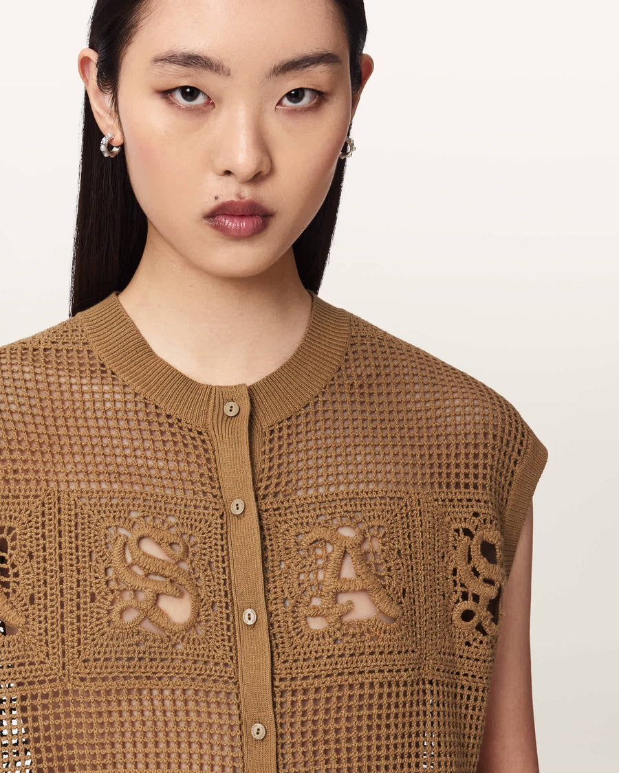 Kyra Open Knit Crochet Cotton Waistcoat PINTO BROWN