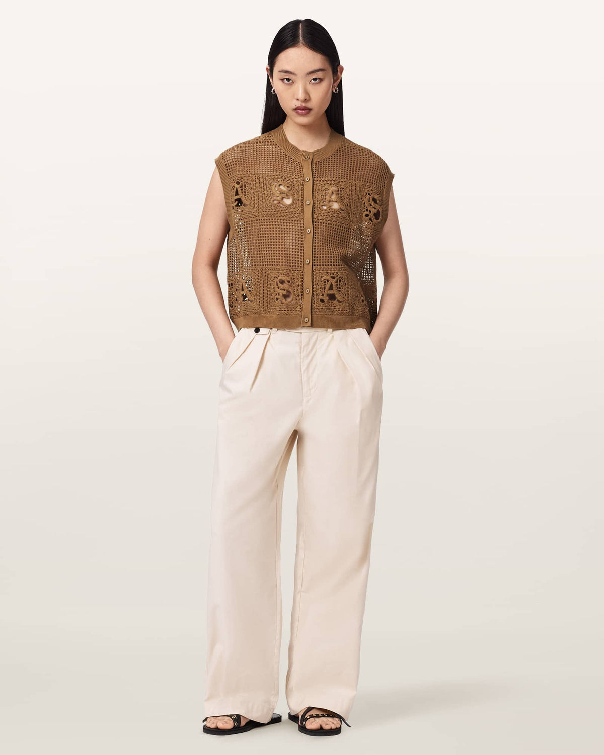Kyra Open Knit Crochet Cotton Waistcoat PINTO BROWN