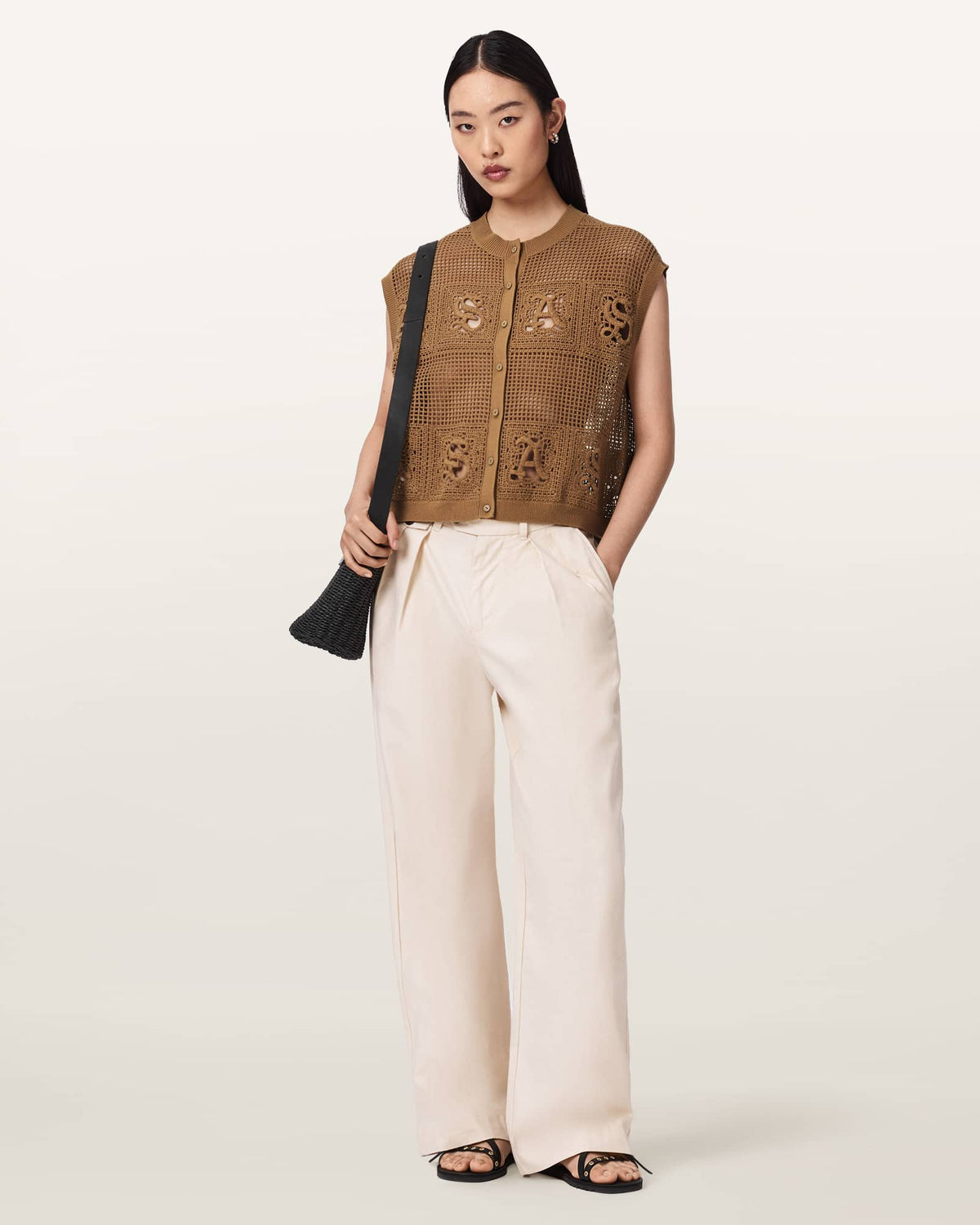 Kyra Open Knit Crochet Cotton Waistcoat PINTO BROWN