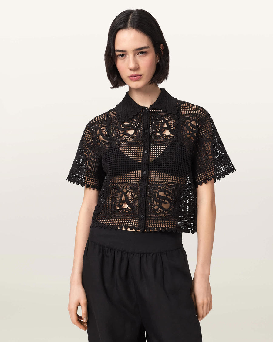 Kyra Crochet Cropped Polo T-Shirt Black