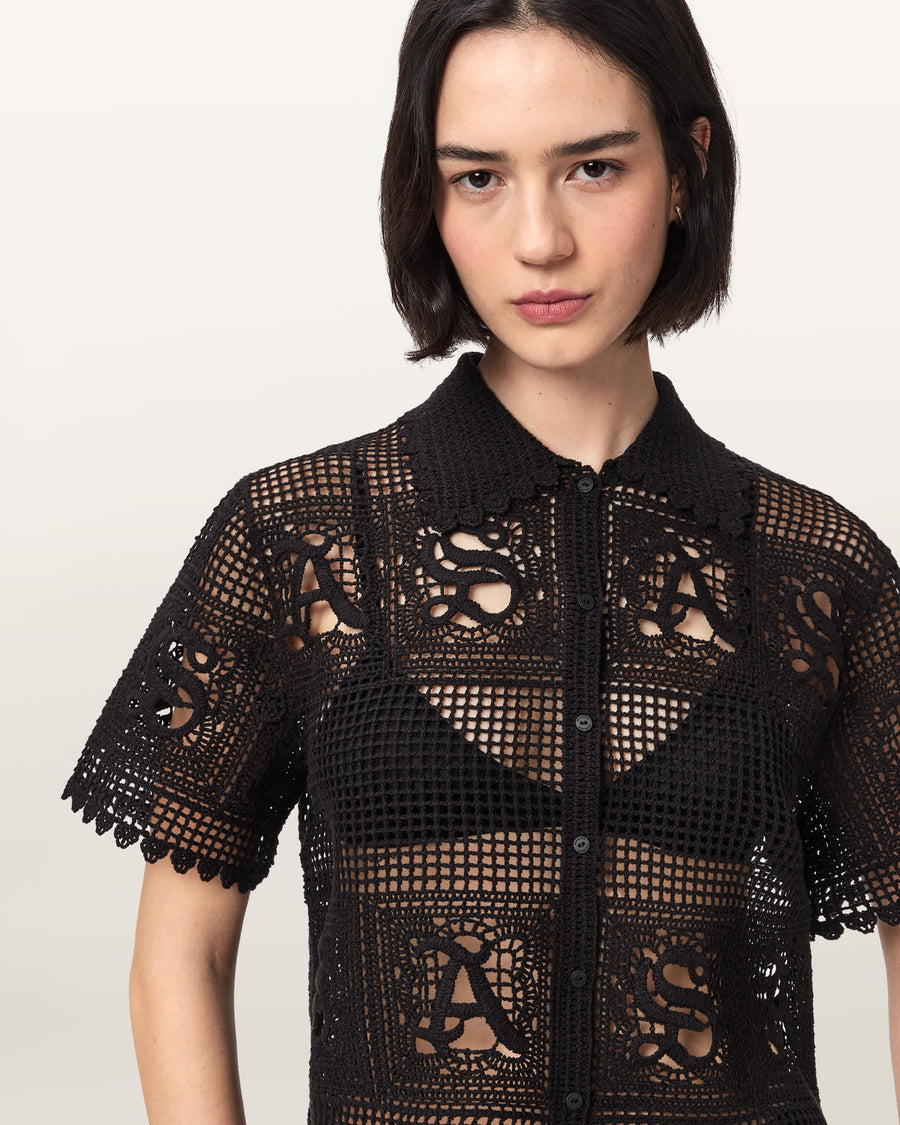 Kyra Crochet Cropped Polo T-Shirt Black