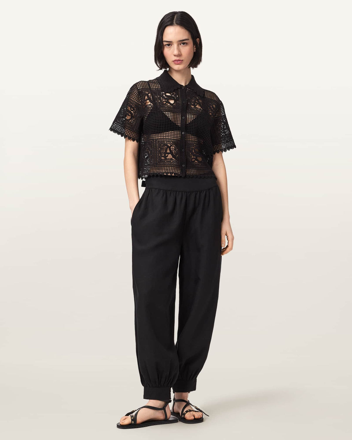 Kyra Crochet Cropped Polo T-Shirt Black