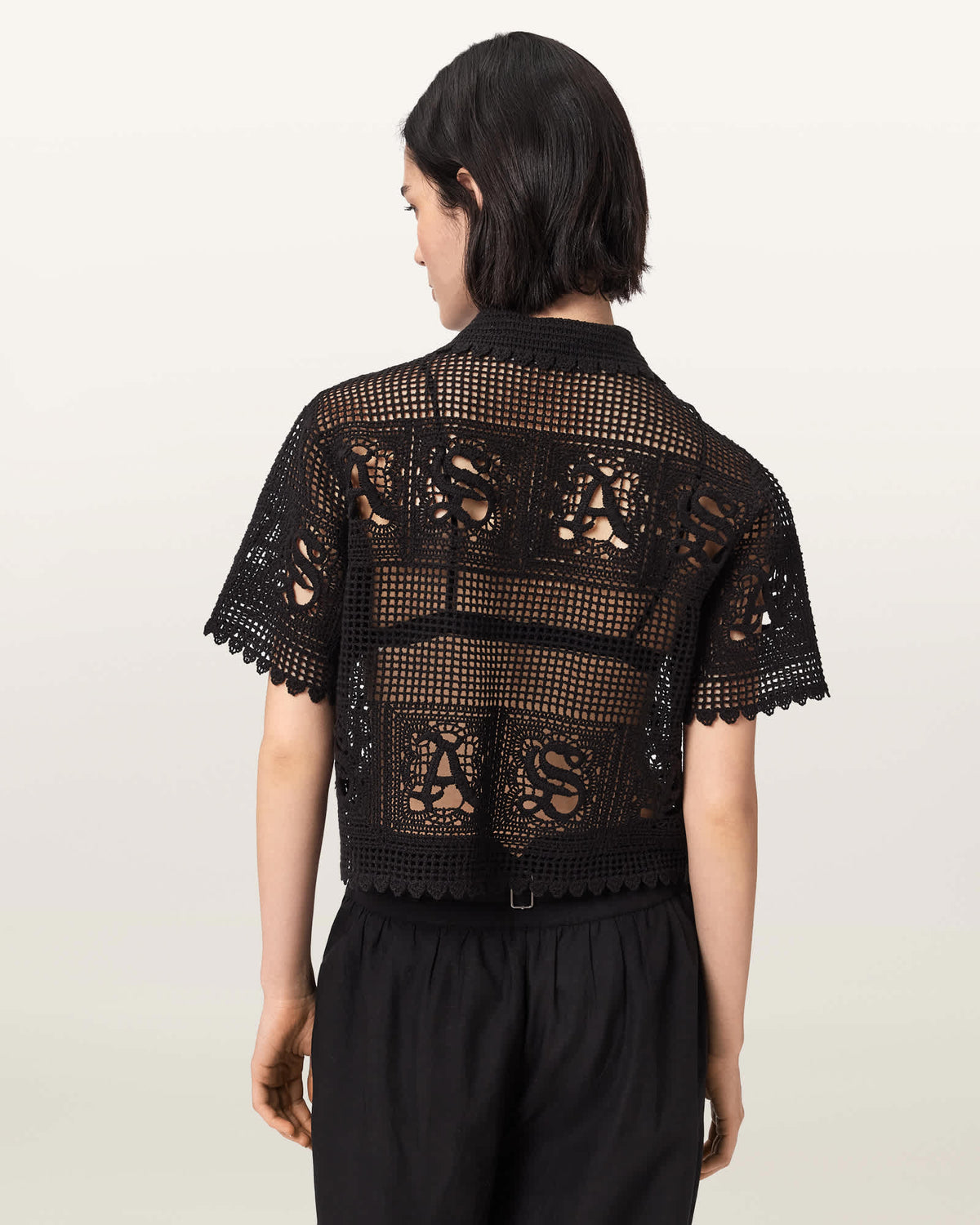 Kyra Crochet Cropped Polo T-Shirt Black