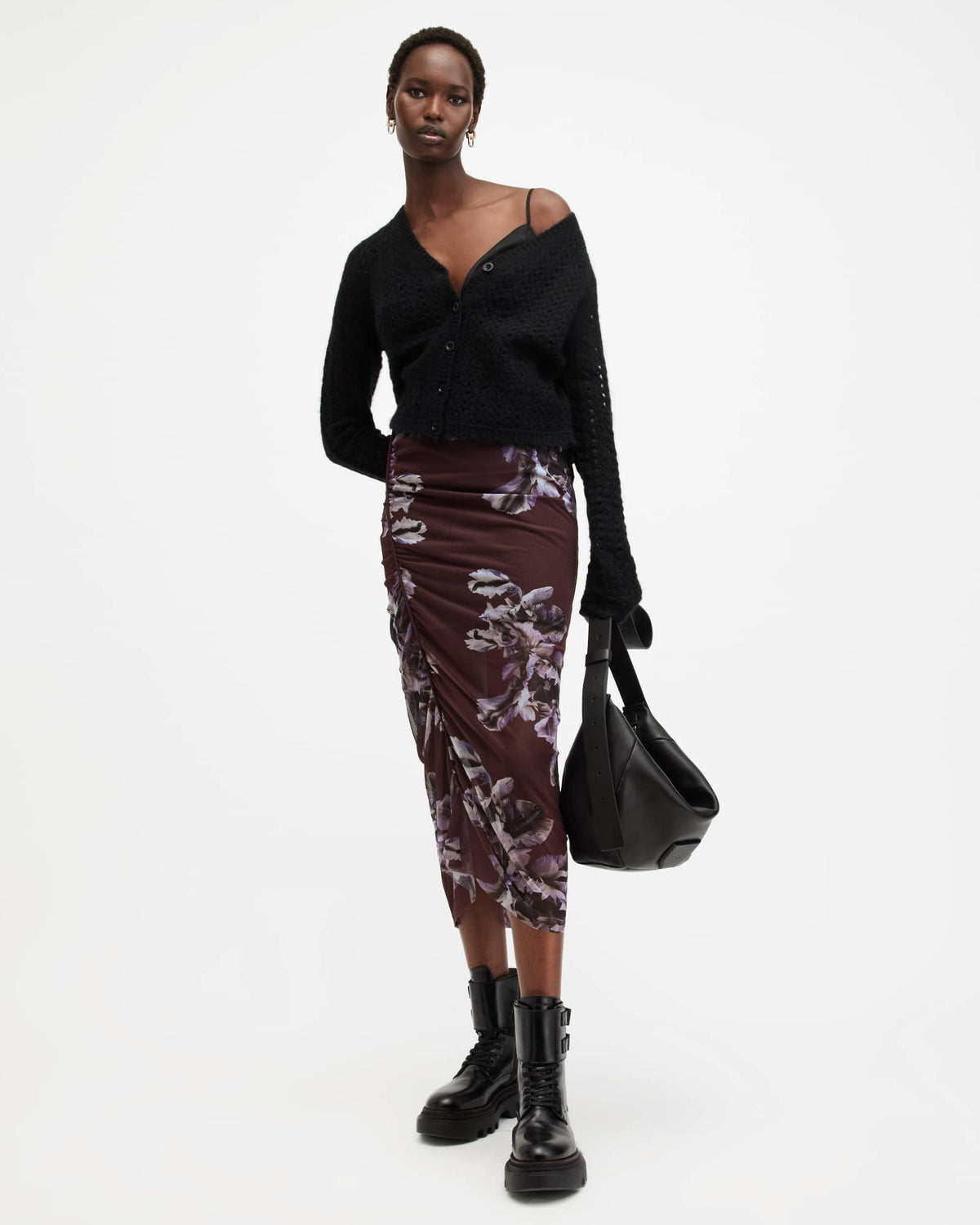 Nora Floral Mesh Midi Skirt MONICA OXBLOOD RED