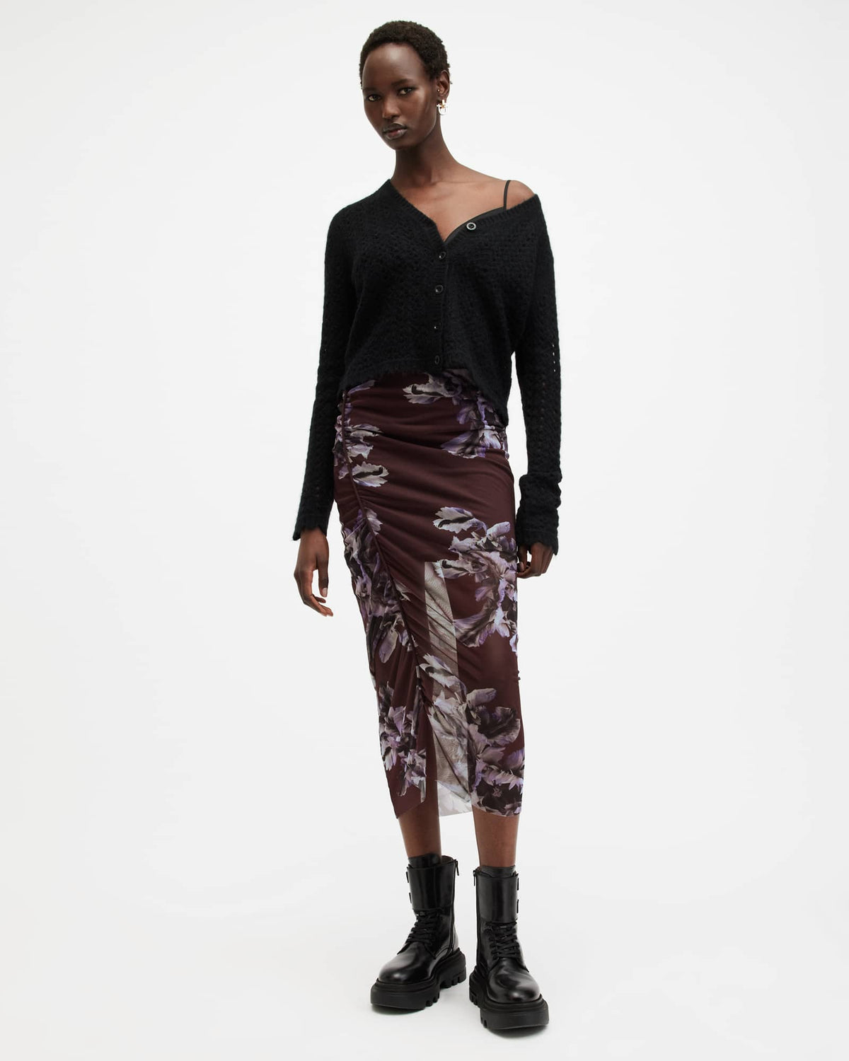 Nora Floral Mesh Midi Skirt MONICA OXBLOOD RED