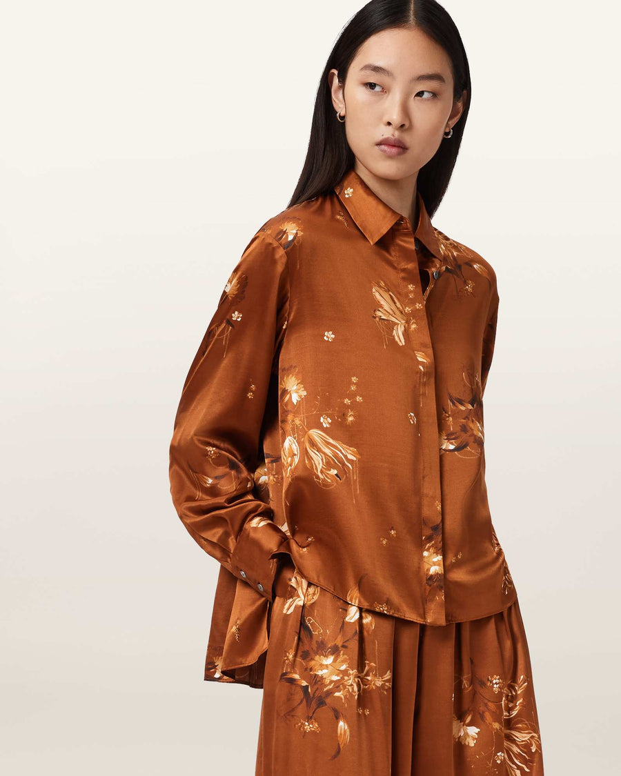 Venna Pleated Floral Shirt ANIA RUST BROWN