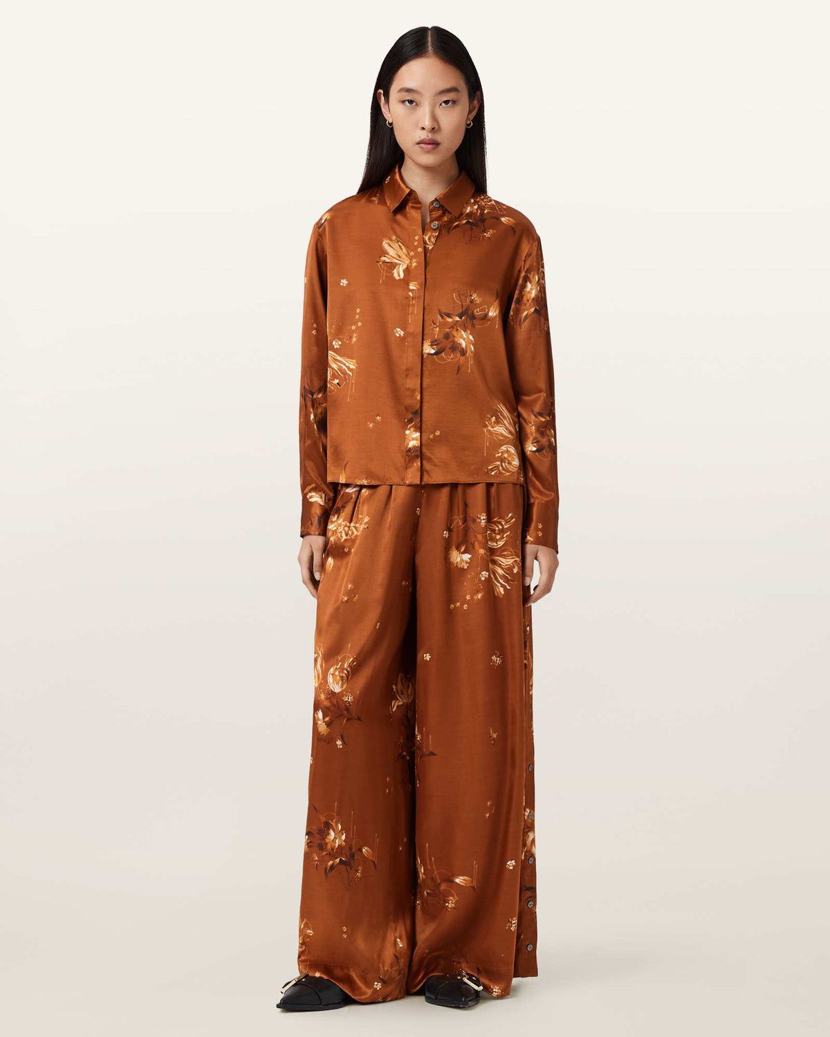 Venna Pleated Floral Shirt ANIA RUST BROWN
