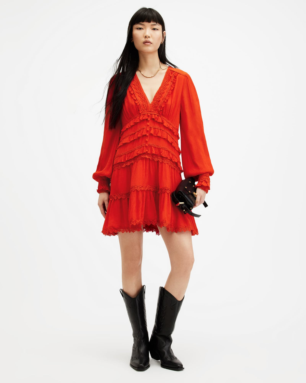 Zora Ruffle V-Neck Mini Dress Red