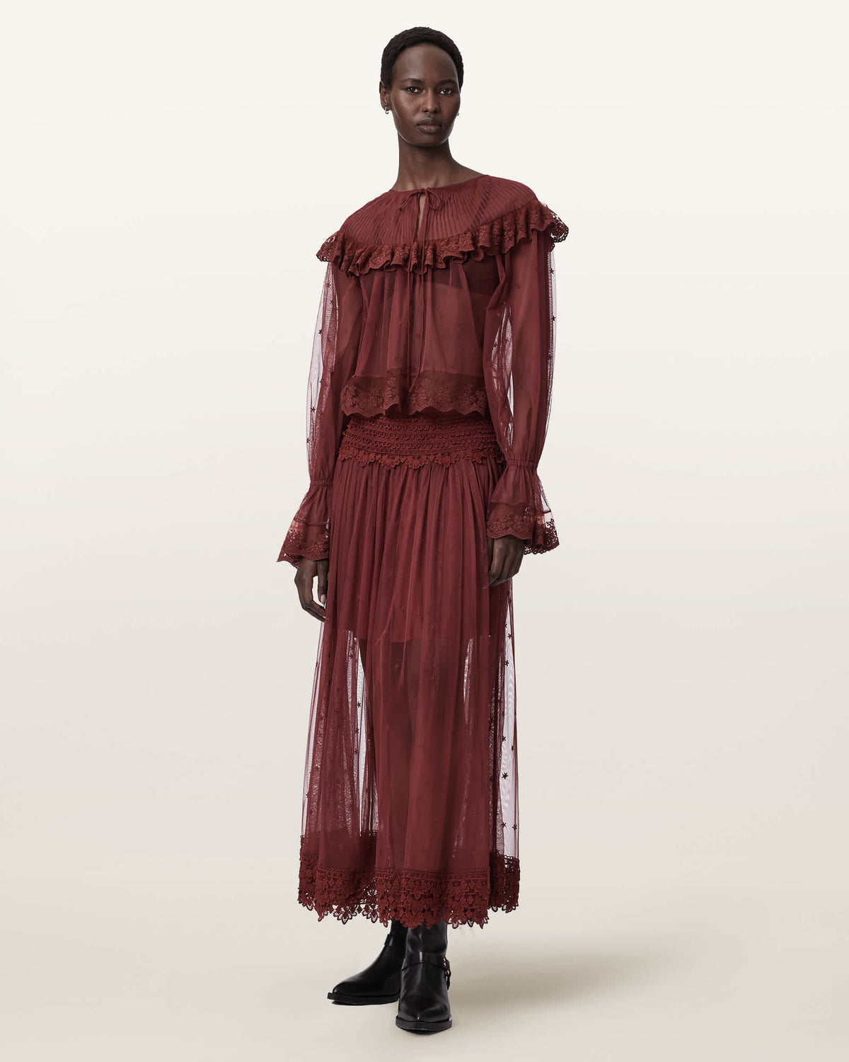 Trixie Lace Embroidered Top BURGUNDY RED