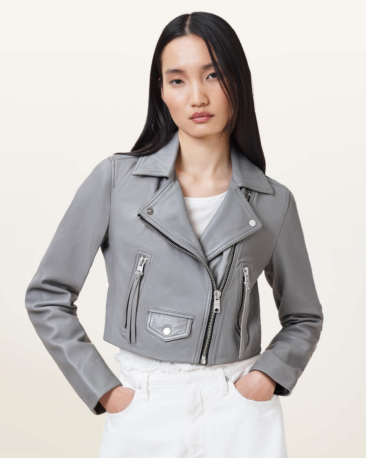 Elora Cropped Slim Leather Biker Jacket SILVER BIRCH GREY