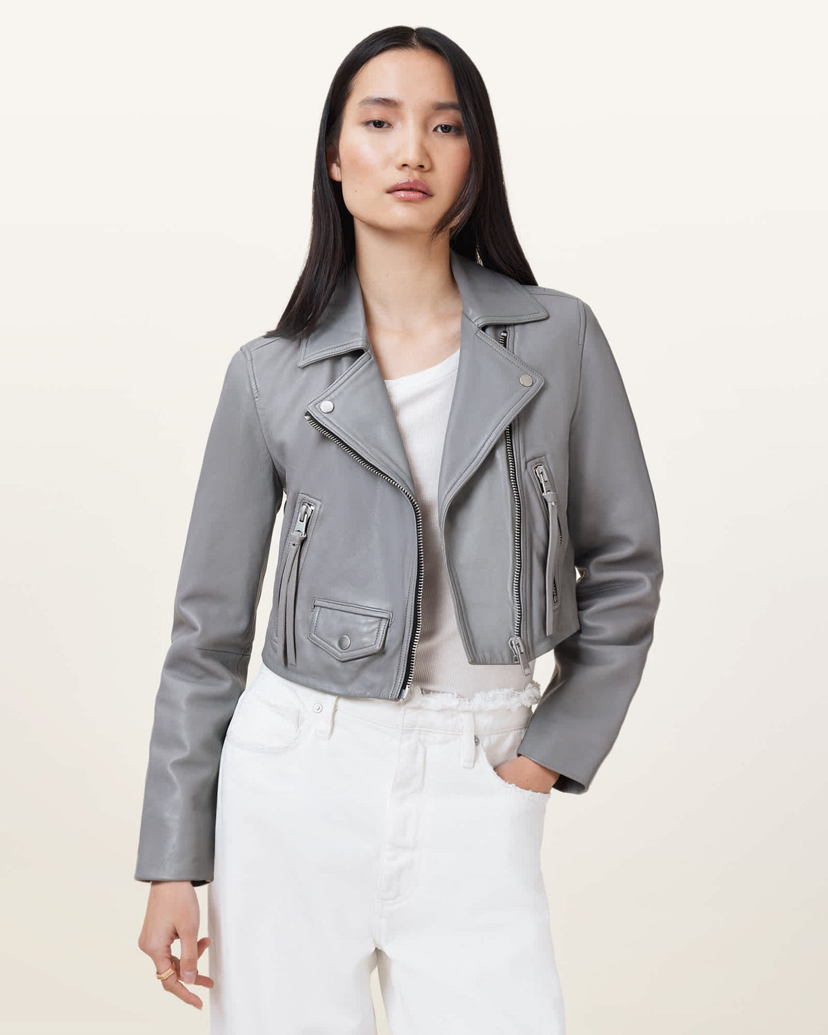 Elora Cropped Slim Leather Biker Jacket SILVER BIRCH GREY