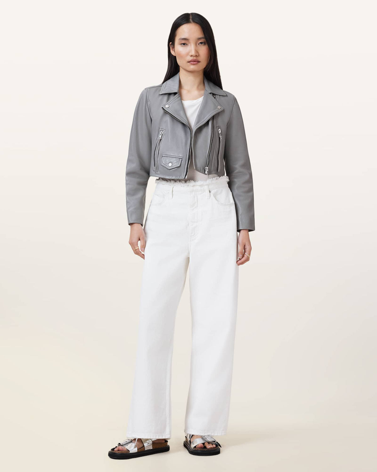 Elora Cropped Slim Leather Biker Jacket SILVER BIRCH GREY