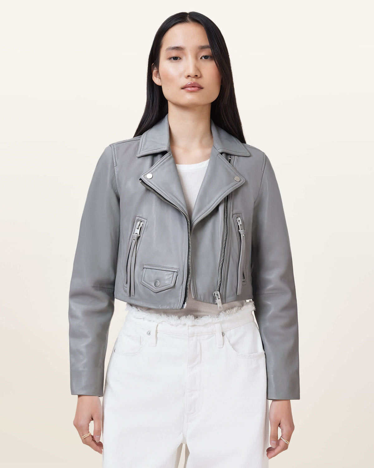 Elora Cropped Slim Leather Biker Jacket SILVER BIRCH GREY