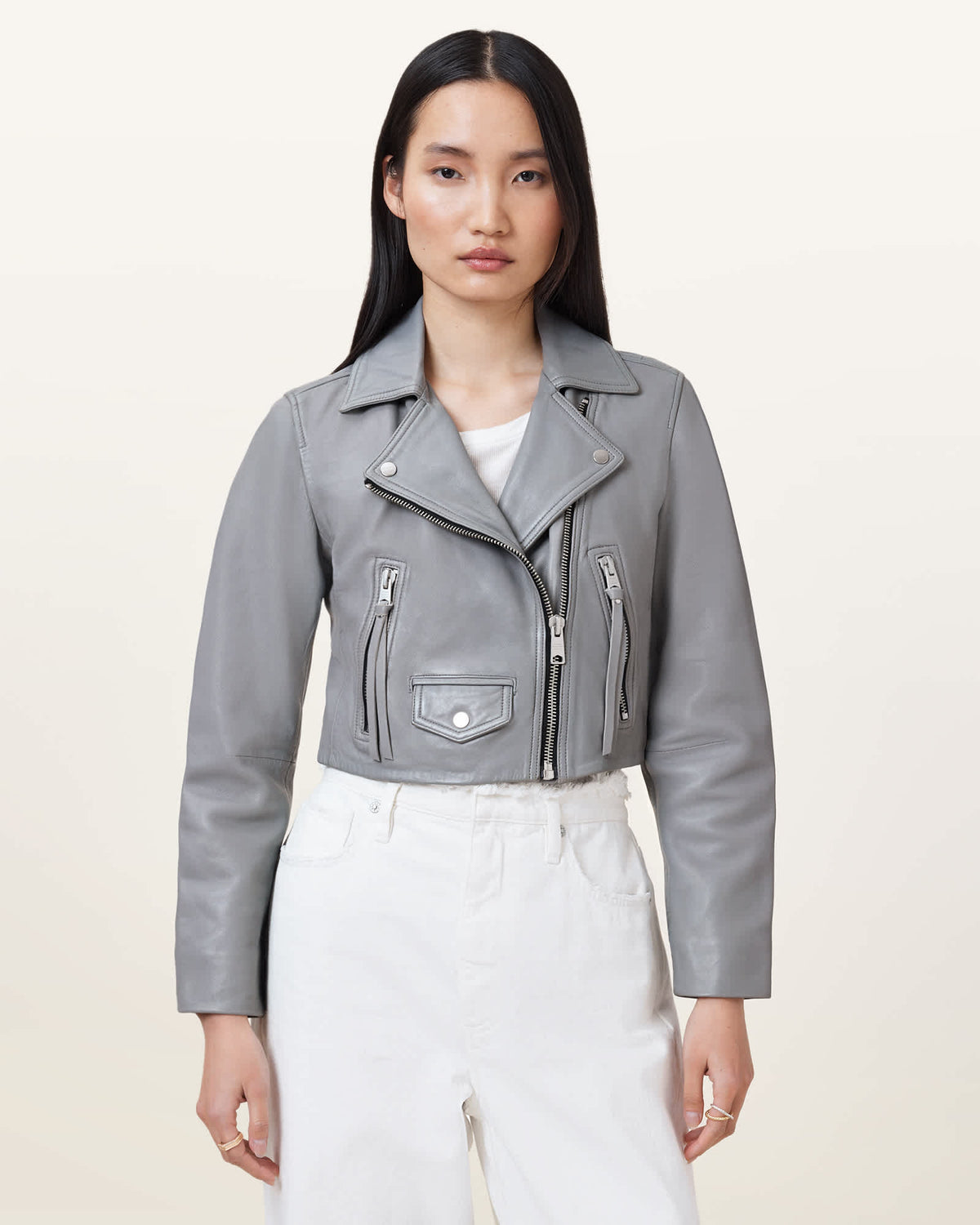 Elora Cropped Slim Leather Biker Jacket SILVER BIRCH GREY