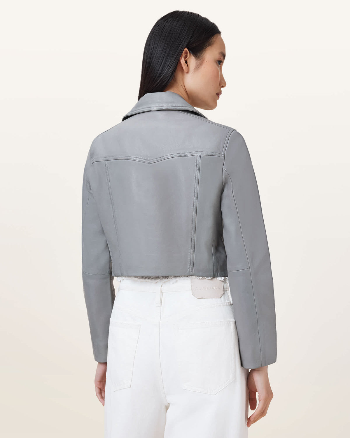 Elora Cropped Slim Leather Biker Jacket SILVER BIRCH GREY