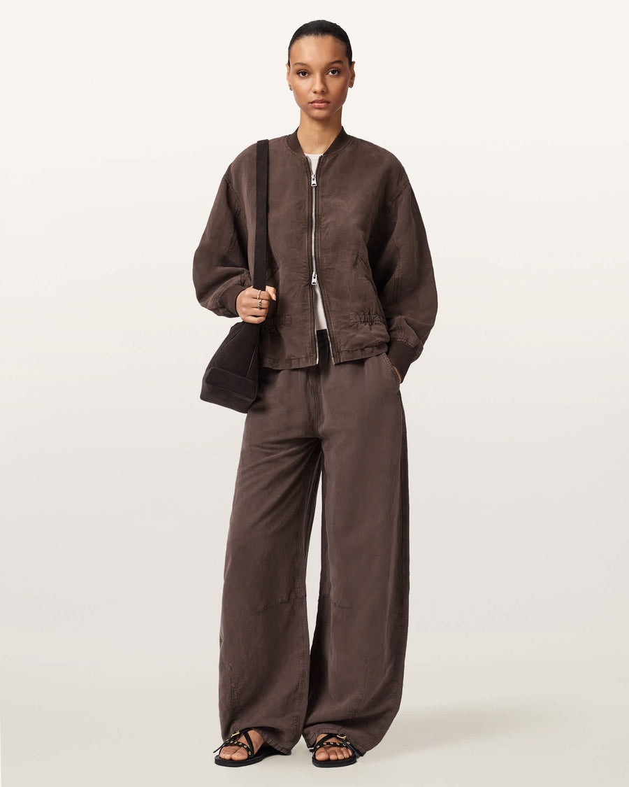 Sofi Linen Blend Drawstring Bomber Jacket PLUM BROWN